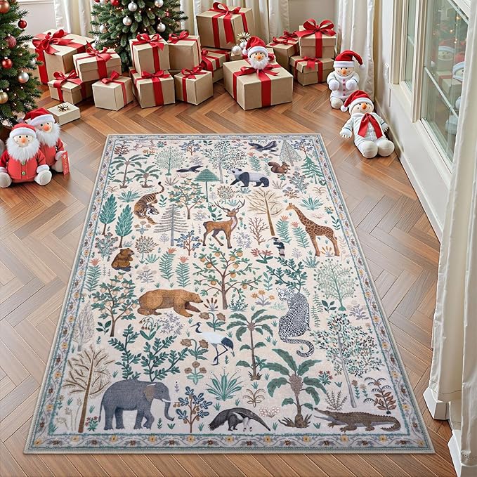 OJIA Jungle Print Washable Area Rugs 5x7, Soft Modern Rugs for Living Room Ultra-Thin Non-Shedding Bedroom Rug, Stain Resistant Neutral Area Rug Large Carpet for Dining Room Kids Nursery Playroom