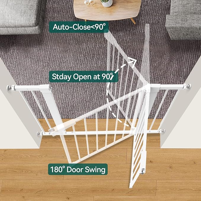 Babelio Metal Baby Gate, 29-43" Auto Close Easy Install Pet Gate PressGuard P7, Extra Wide Walk Thru Child Safety Gate, 30" Tall Pressure Mounted Dog Gate for Doorways & Stairs, White