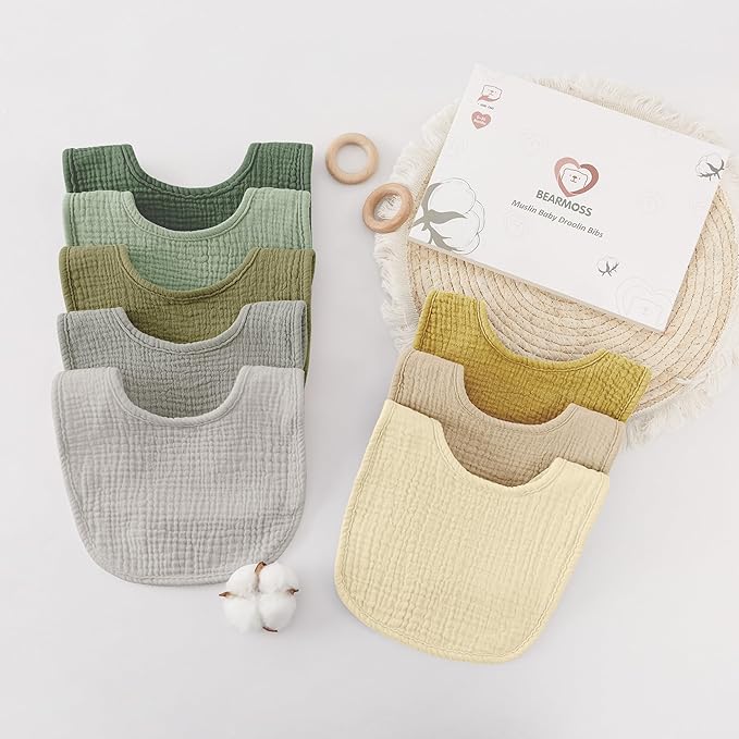 Bearmoss Muslin Baby Drooling Bibs 8 Pack, 100% Cotton Square Adjustable Bandana Bibs Gift for Baby Girls Boys Teething Drool