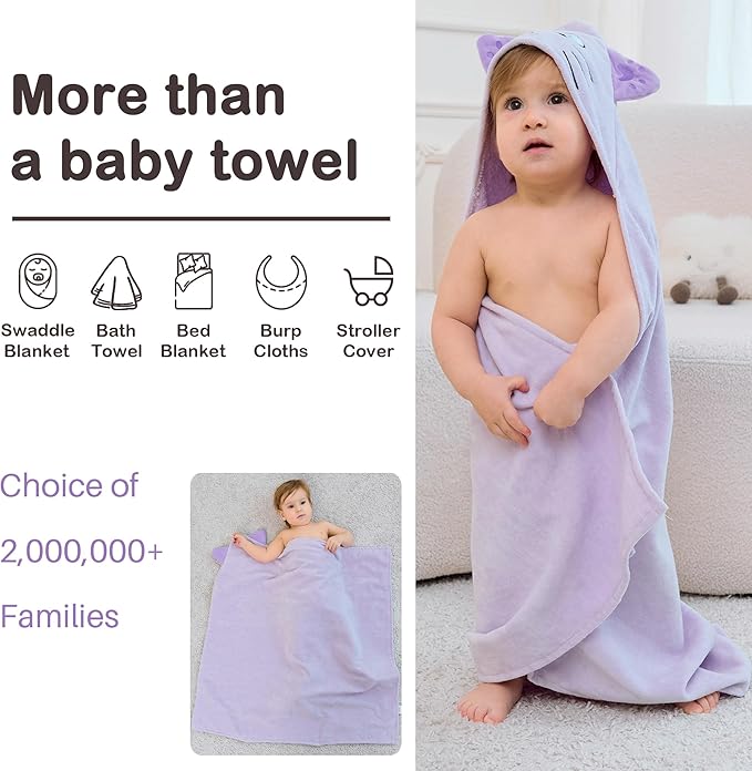 Viviland 2 Pack Hooded Baby Towels, Soft 100% Cotton Baby Bath Towels with Hood, Extra Thick and Absorbent, Essential for Newborns, Kids, Infants - Girls and Boys (Cat & Rabbit)