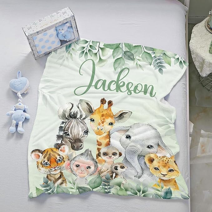 J&SBGFT Personalized Baby Blanket for Boys,Custom Baby Blanket with Name, Customized Name Blanket Receiving Blankets for Toddlers Kids Nursery Stroller Crib Decor Throw,Safari Animal Blanket