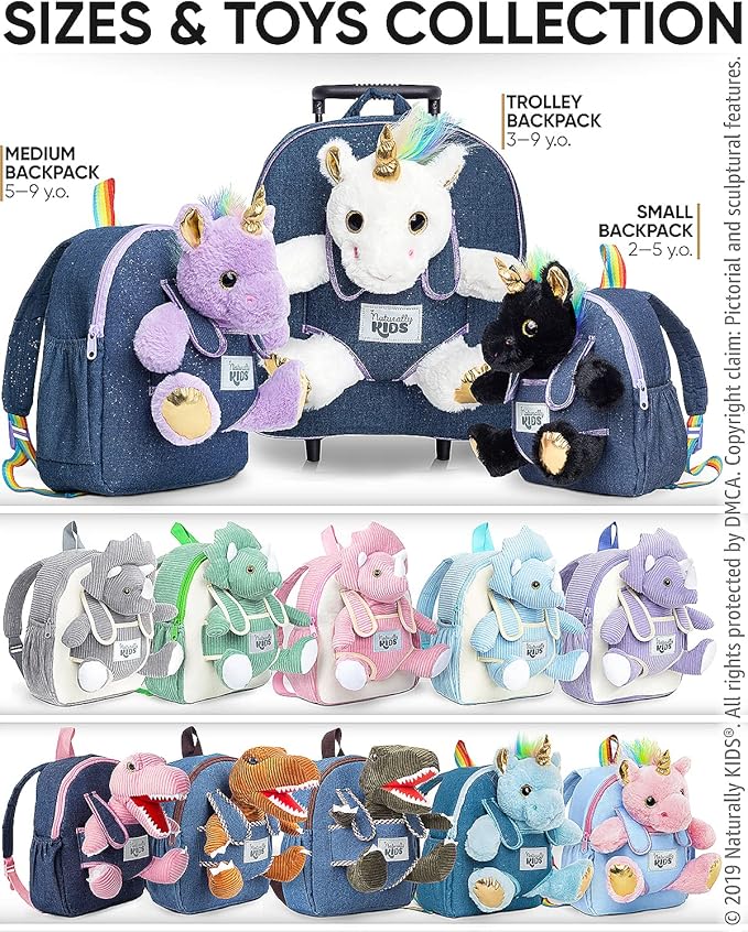 Naturally KIDS Medium Toddler Unicorn Backpack Age 3-9 (11’’h) w Detachable Purple Unicorn Toys for Girls Age 4-6, Gifts for 5 Year Old Girls