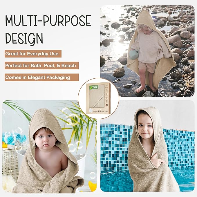 Organic Cotton Plush Woven Hooded Baby Towels, 31x31 Inches, Plush Bath Towels with Hood for Newborns and Kids, Girls & Boys (Ivory, 31.4" L x 31.4" W)