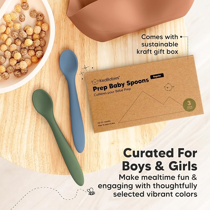 KeaBabies Silicone Baby Spoons, Self Feeding 6-12 months - 3-Pack Baby Weaning Eating Utensils, Toddler First Food Training Spoon, Infant, Kids Feeding Supplies Essential Set, Dishwasher-safe (Slate)