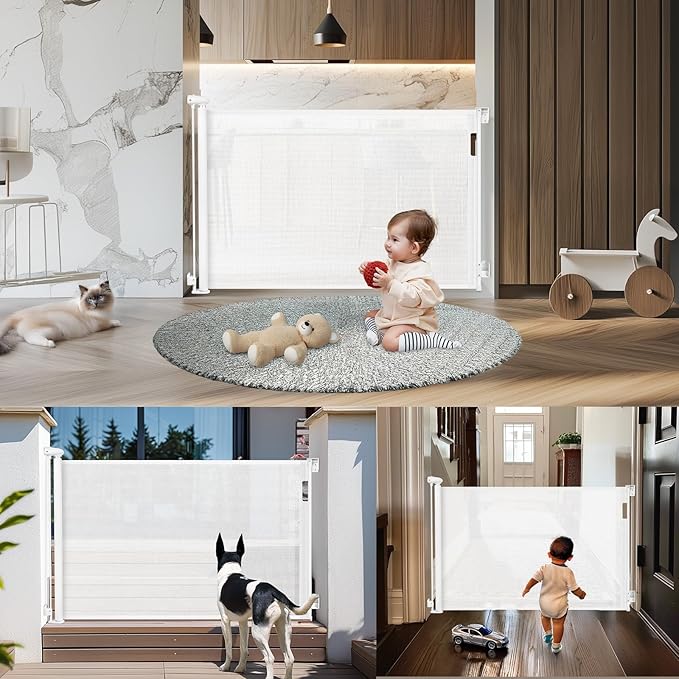 Retractable Baby Gates Extra Wide, 34" Tall Extends up to 55" Wide, Dog Gate Indoor for Stairs, Pet Gate with Support Rods for Doorways Hallways Indoor & Outdoor-White
