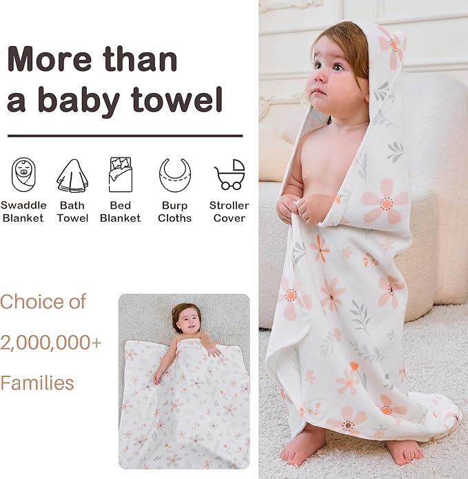 Viviland 2 Pack Hooded Baby Towels, Soft 100% Cotton Baby Bath Towels with Hood, Extra Thick and Absorbent, Essential for Newborns, Kids, Infants - Girls and Boys (Green Leaves)