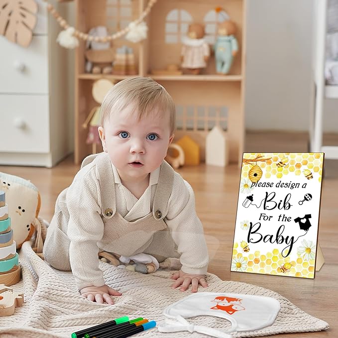 Newwiee 55 Pcs White Bibs for Baby Decorating Design a Bib Decorate Plain newborns Bibs Wooden Sign for Baby Shower Games Kit