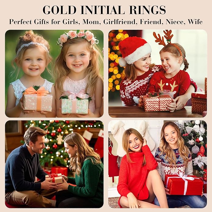 C-leen Christmas Gifts for Grandkids Teens Girls - 18K Gold Plated Adjustable Initial Rings for Women Girls Dainty Gold Rings Christmas Gifts for Women Teen Girl Trendy Stuff
