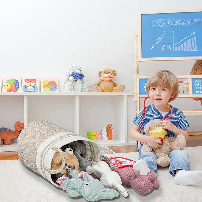 Cotton Rope Laundry Basket Hamper for Clothes Woven Storage Basket for Living Room Bedroom Boho Tall Rope Baskets for Blanket Toys Pillow Towels Baby Nursery Hamper Bin Large brown and white