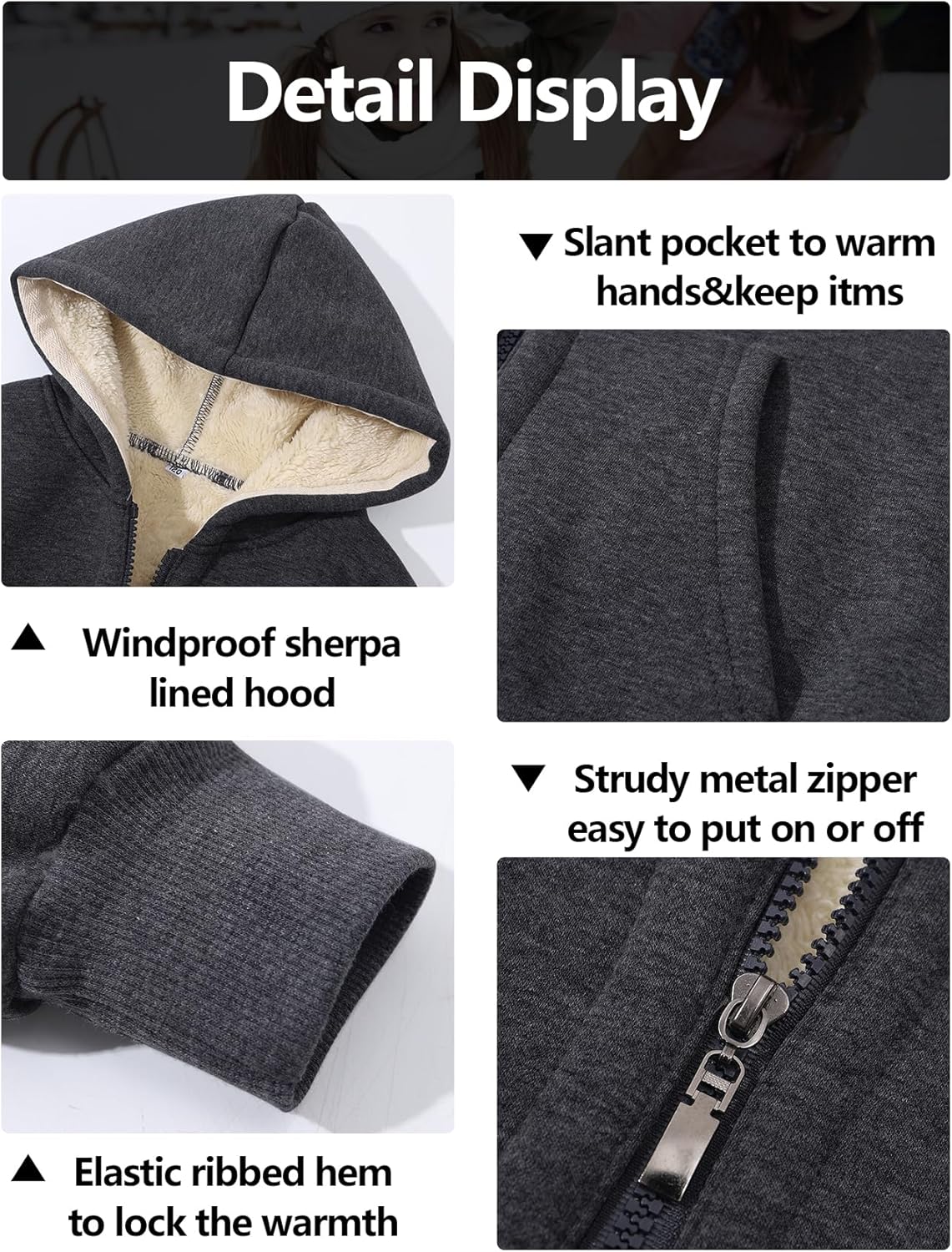 Gihuo Unisex Boy's Girls Winter Warm Sherpa Lined Zip Up Sweatshirt Fleece Jacket Kid's Hoodie Outerwear