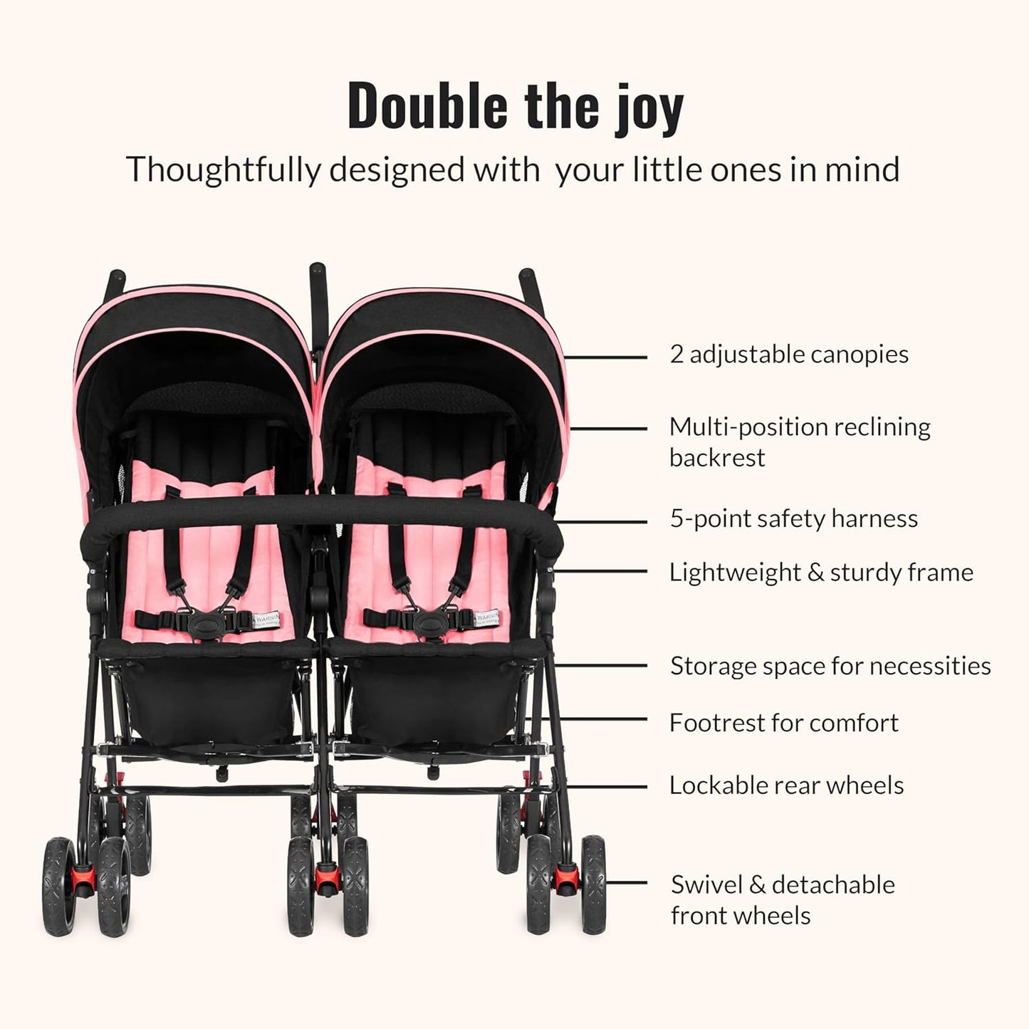 Dream On Me Volgo Twin Umbrella Stroller in Pink, Lightweight Double Stroller for Infant & Toddler, Compact Easy Fold, Large Storage Basket, Large and Adjustable Canopy