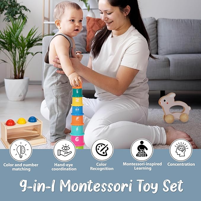 Pine Bunny Montessori Wooden 11-in-1 Toy Set for 10+ Months, Cylinder Block, Push Ball Box, Mirror Puzzle, Stacking Cups Rabbit Rattle Soft Book Educational Learning Color Recognition Fine Motor Toys