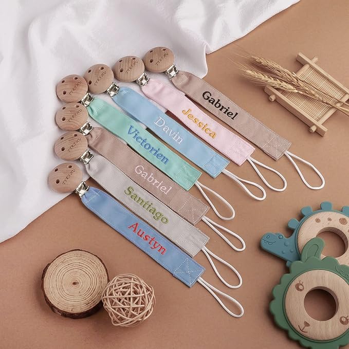 TYRY.HU Personalized Pacifier Clip with Name, Embroidery Pacifier Holder for Baby Girls and Boys, Neutral Binky Clips Universally Fit All Pacifiers & Baby Toys, Baby Gift, 2 Pack(Grey,Khaki)