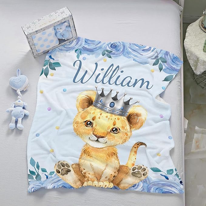 J&SBGFT Personalized Baby Blankets, Custom Baby Blanket with Boys' Name, Receiving Blankets for Toddlers & Kids, Nursery, Stroller & Crib Decor Throw Blue Lion