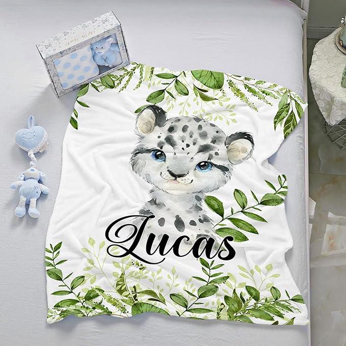 J&SBGFT Personalized Baby Blanket,Custom Naming Baby Receiving Blanket for Toddlers Kids Nursery Stroller Crib Decor Throw,Green Leopard