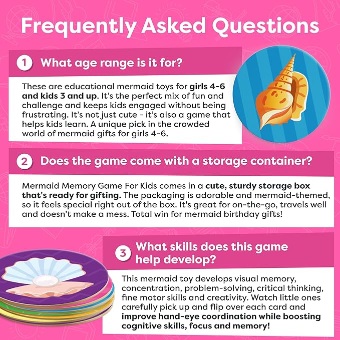 Mermaid Toys for Girls 4-6 Matching Game - Memory Game for Kids - Girls Toys 4-5 - Mermaid Gifts for Girls 4-6 - 4 Year Old Girl Birthday Gifts Kids Games Preschool Educational Toys - Back to School