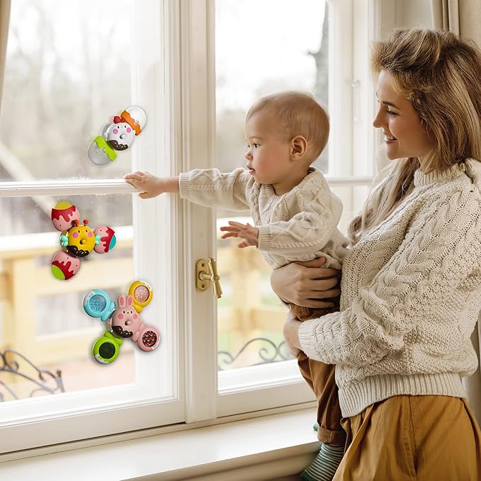 LiKee Strong Suction Cup Fidget Rotating Sensory Bath Toys for Baby 12 18 Months Airplane Car Travel Table & Window Toys for 1 2 Years Old Toddler Boys and Girls (Candy)