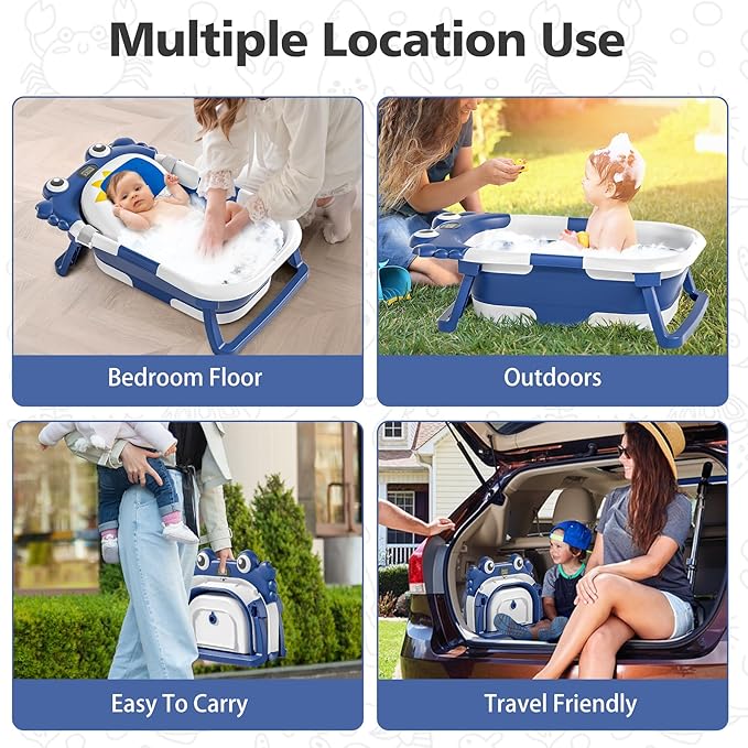 Collapsible Baby Bathtub for Newborns with Thermometer and Soft Floating Cushion Portable and Foldable Travel Baby Boy Bath Tub for Infants to Toddler 0-36 Month (Navyblue)