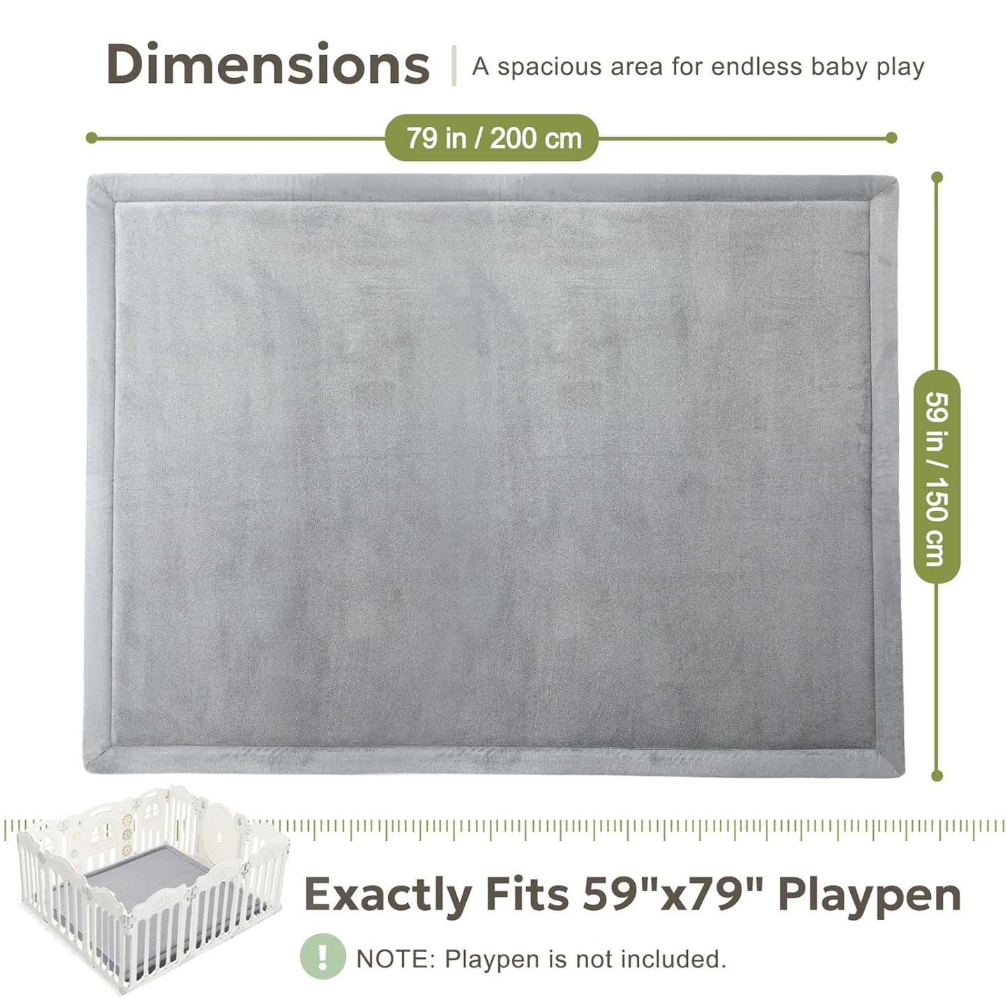 Ultra Soft 1.3" Thick Baby Play Mat for Floor, Extra Large Velvet Playpen Mat, Baby-Safe & Non-Slip Tummy Time Mat, Crawling for Babies, Toddlers, Infants, Kids, Easy Care, 79"x59", Gray