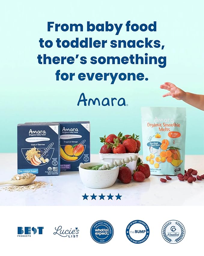 Amara Organic Baby Food - Stage 2 - Sweet Potato Raspberry - Baby Cereal to Mix With Breastmilk, Water - Baby Food Pouches Made from Organic Fruit and Veggies - 10 Pouches, 3.5oz Per Serving