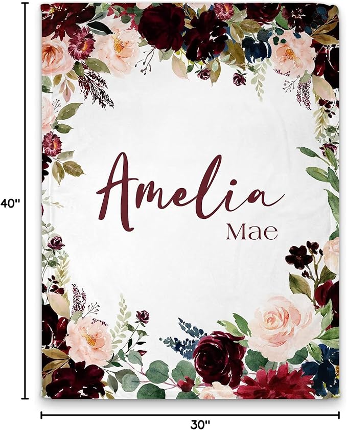 Girls Love A Monogram - Personalzied Floral Baby Blankets for Girls - Custom Baby Blankets for Girls with Name - Personalized Baby Girl Shower Gifts (Maroon & Navy 2, 50 X 60 Kids)
