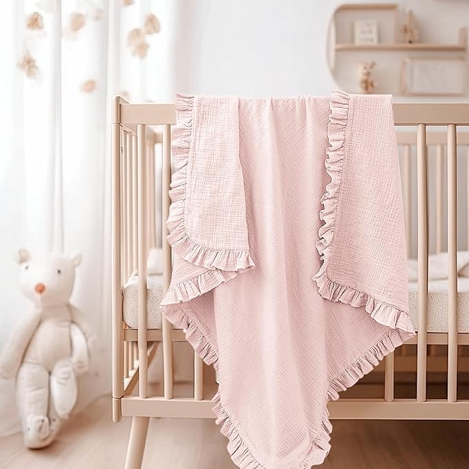 Konssy Flounce Muslin Baby Blankets, Cotton Crib Blanket for Baby Infant Toddler, Super Soft and Lightweight Nursery Blankets 40"x36" (Baby Pink)