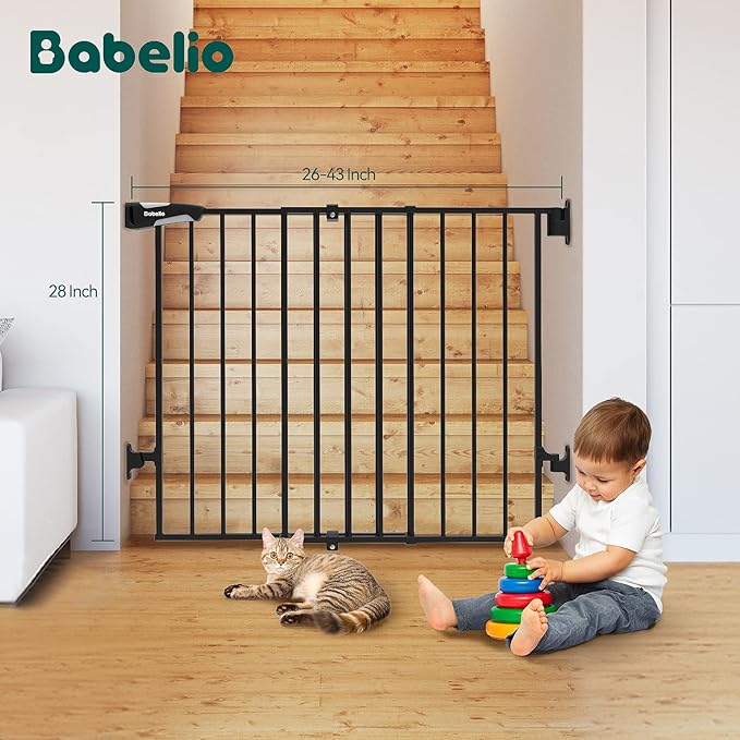 Babelio Baby Gate for Stairs, Kitchen & Doorways, No Bottom Bar| One-Handed Operation| Auto-Close| Hardware Mount (Drill Needed) Safety Dog/Pet Gate (Black - B17, 26-43" W, 28" H)