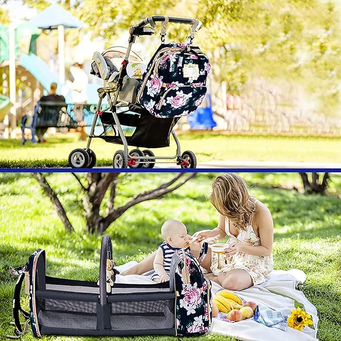 Diaper Bag Backpack Waterproof Baby Bag Large Capacity Multifunction Nappy Bags Floral Insulated Durable Travel Maternity Back Pack with Changing Station for Baby (Black)