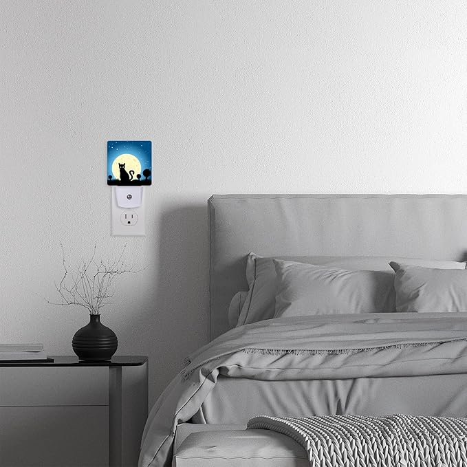 Halloween Night Lights Plug into Wall,Black Cat Moon Night Light Dusk to Dawn Sensor LED Lamp 0.5W for Boys/Girls/Women/Men Decorations Room 0.5W Sleep Friendly