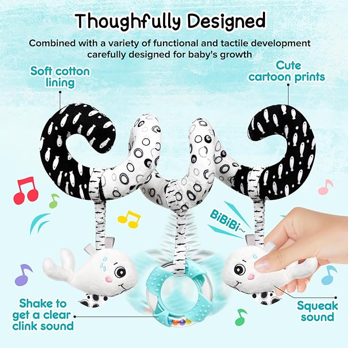 Baby Spiral Hanging Stroller and Car Seat Toys Black and White High Contrast Sensory Toy Newborn Plush Activity Toys Party Favors Quality Gifts for Baby Shower-Whale