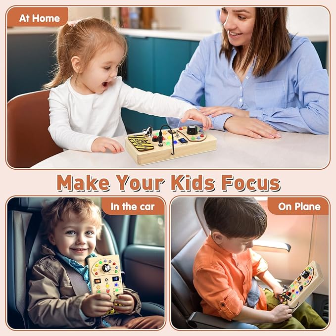 Joyreal Toddler Busy Board, Wooden Montessori Busy Board Sensory Board with LED Light Switch, Sensory Toys Baby Fidget Board Travel Toys for Toddler