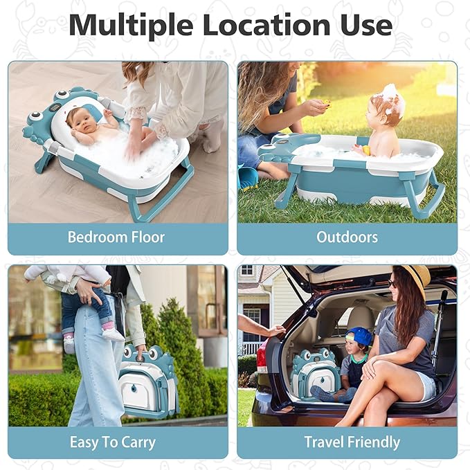 Collapsible Baby Bathtub for Newborns with Thermometer and Soft Floating Cushion Portable and Foldable Travel Baby Bath Tub for Infants to Toddler 0-36 Month (Blue)