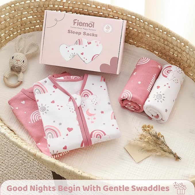 Baby Swaddle Sleep Sack 3-6 Months, Swaddles for Newborns Girl, 3-Way Adjustable Infant Swaddle Wearable Blanket with Zipper & Detachable Wrap, 2 Pack Soft Snug Pink Rainbow