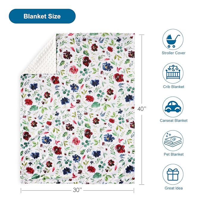 HOMRITAR Baby Blanket for Boys Girls Super Soft Minky Toddler Blanket Double Layer Dotted Backing, Receiving Blanket wtih Multicolor Floral Design 30 x 40 Inch