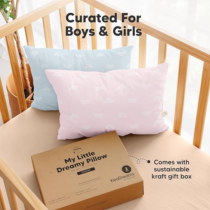 KeaBabies 2-Pack Toddler Pillow 13x18 - Soft Organic Cotton Kids Travel Bed Pillows for Sleeping, School, Nap, Machine Washable, Toddlers 2 to 5, Pillowcase Sold Separately (Pastel Rainbow)