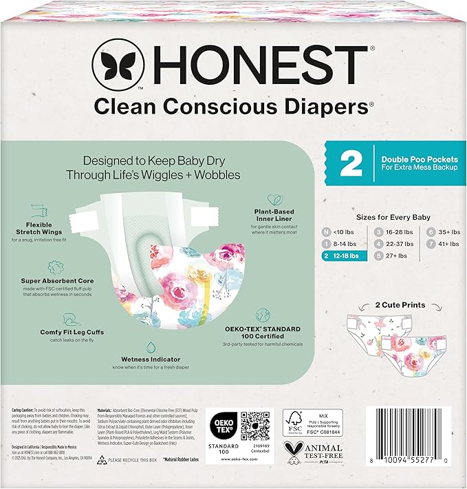 The Honest Company Clean Conscious Diapers for Delicate Skin, Up to 100% Leakproof Hypoallergenic Fragrance-Free Baby Diapers, Girl Prints, Club Box, Size 2 (12–18 lbs), 72 Count (Prints May Vary)