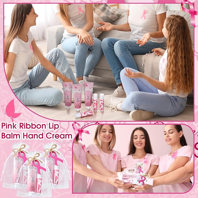 24sets/96pcs Breast Cancer Awareness Gifts Bulk Breast Cancer Lip Balm and Hand Cream Gift for Women Pink Ribbon Travel Size Hand Lotion and Lip Balm Bulk with Organza Bags Tags