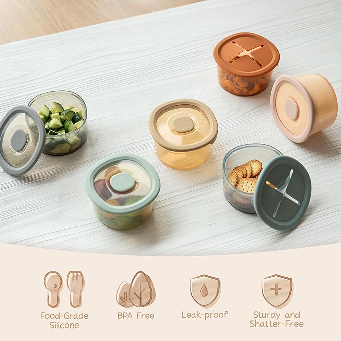 Moonkie Silicone Snack Containers for Kids and Toddlers | 8 oz Baby Food Containers with Airtight Lids and A Snack Lid | Baby Food Jars | BPA Free | Freezer & Dishwasher Safe | 6 Pack