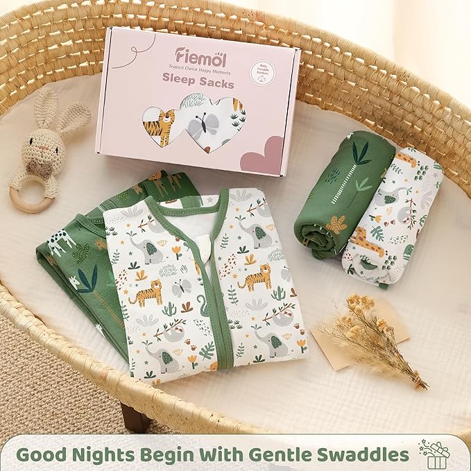 Baby Swaddle Sleep Sack 0-3 Months, Swaddles for Newborns Boy Girl, 3-Way Adjustable Infant Swaddle Wearable Blanket with Zipper & Detachable Wrap, 2 Pack Soft Snug Green Giraffe