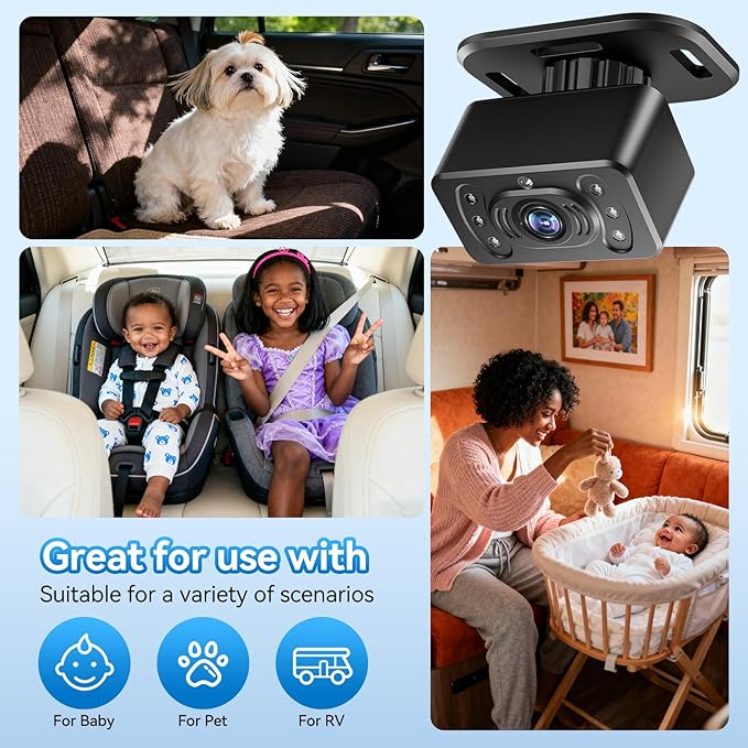 Dual Baby Car Camera for 2 Kids - 6.86 Inch IPS AHD 1080P Split Screen Monitor with 2 Backseat Cameras, Cigarette Lighter & USB Powered, IR Night Vision, 360° Rotatable, Rear-Facing Mirror