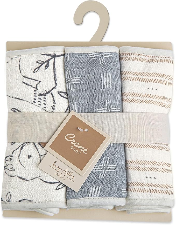 Crane Baby Muslin Burp Cloths Set, Woodland Animals, Gender Neutral Baby Gift, Absorbent Cotton Terry Backing, Machine Washable, 7" X 20"