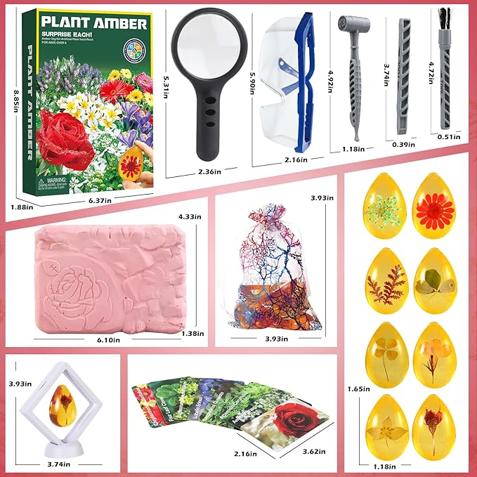 Flower Amber Dig Kit - 8 Flowers Specimens Excavation Kit, Flower Toy for Kids Girls, Plant Gift Dig Kits, Flower Plant Toys for Girls 6 and up Year Old Birthday Valentine's Day Gifts