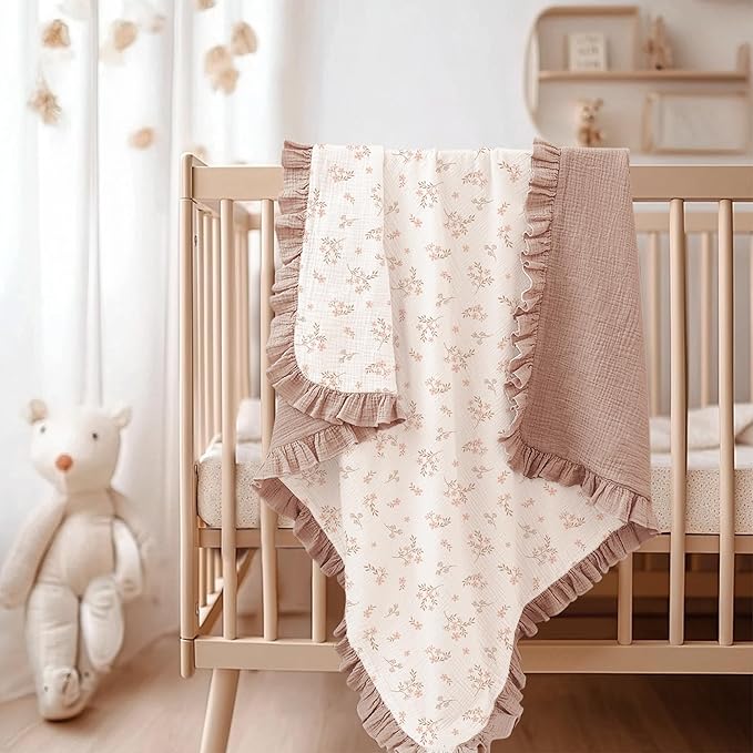Konssy Flounce Muslin Baby Blankets, Cotton Crib Blanket for Baby Infant Toddler, Super Soft and Lightweight Nursery Blankets 40"x36" (Petal Dream)