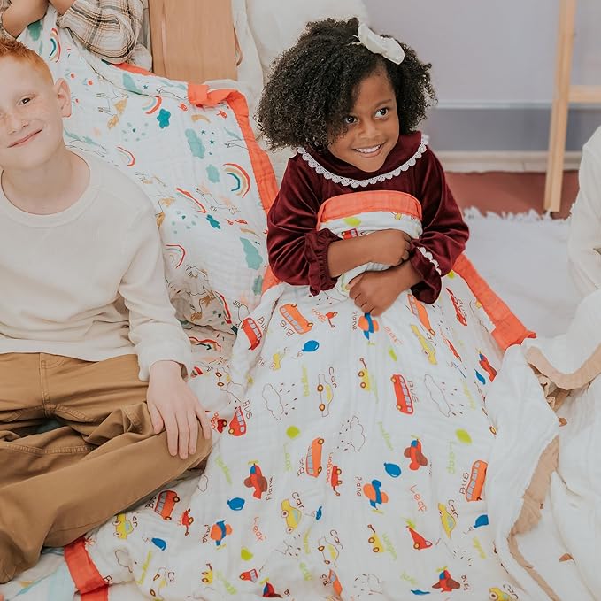 100% Cotton Muslin Baby Blanket | Soft & Breathable 6-Layer Swaddle & Receiving Blanket | Lightweight Quilt for Newborns, Infants & Toddlers | Gender-Neutral (Vroom Vroom)