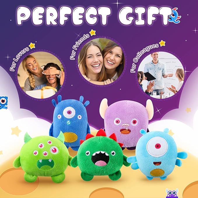 Aoriher 15 Pcs Monster Stuffed Toys Bulk Mini Stuffed Animals 3.2 Inches Small Plush Keychain for Operation Christmas Items Baby Shower Favors Bag Fillers Halloween Classroom Prizes, 5 Styles