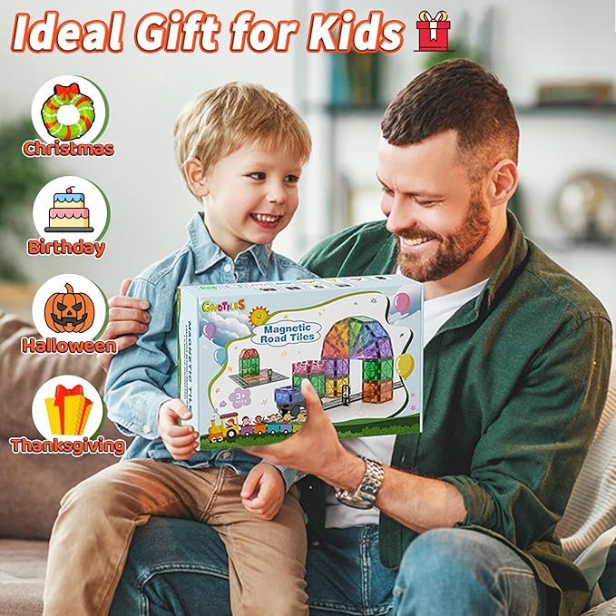 Magnetic Tiles Road Set with Car Kits, Magnetic Building Blocks Sensory Toys for Kids Ages 3-5 4-8, STEM Educational Toddlers Toys, Ideal Birthday&Christmas Gifts for 3+ Years Old Boys and Girls