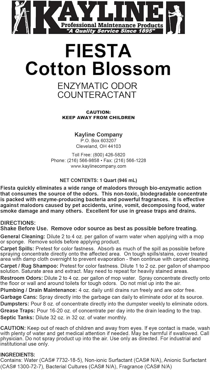 Kayline Fiesta Multi-Purpose Bio-Enzymatic Odor Eliminator for Trash Can, Carpet, Diaper Pail, and Pet Urine, 32 oz Pour or Spray Botttle, Cotton Blossom Scent