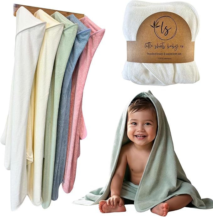 Hooded Baby Toddler Towel and Washcloth Set Made with Viscose from Bamboo, Large Size of 35" x 35", Soft and Absorbent, Baby Essential in Jean