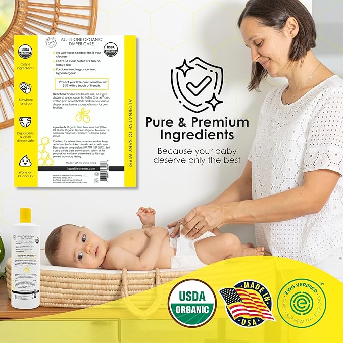 La Petite Creme French Premium Diapering Lotion - Diaper Cream Alternative to Baby Wipes - Moisturizer & Skin Cleanser - USDA Certified Organic Ingredients - Baby Essentials (2 Bottles of 20 oz)