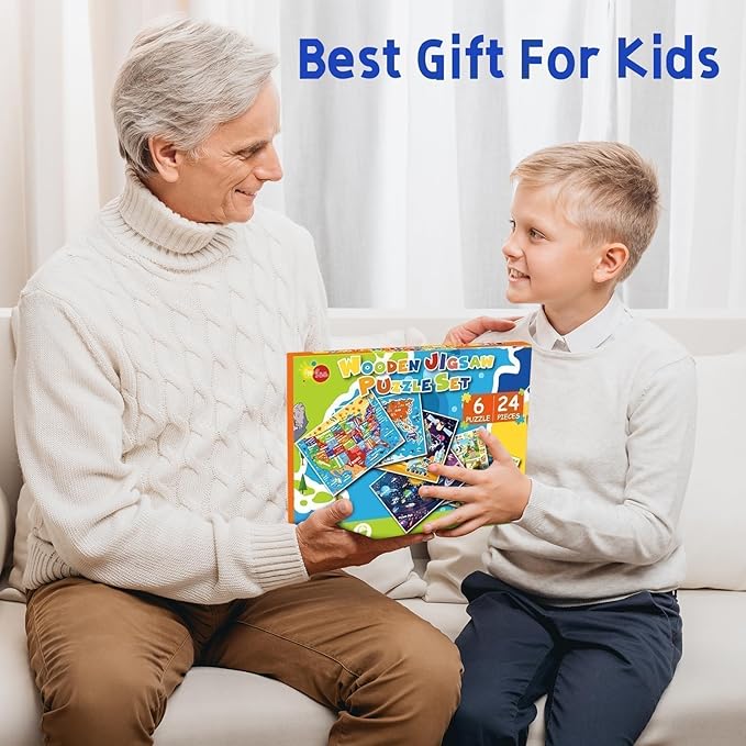 Christmas Wooden Puzzles for Toddlers 3-5,6 Packs 24Pcs Jigsaw Wooden Solar System Puzzles for Ages 4-8,Preschool Educational Brain Toys Gifts for Boys and Girls 2 4 3 5 Year Old(World Map)